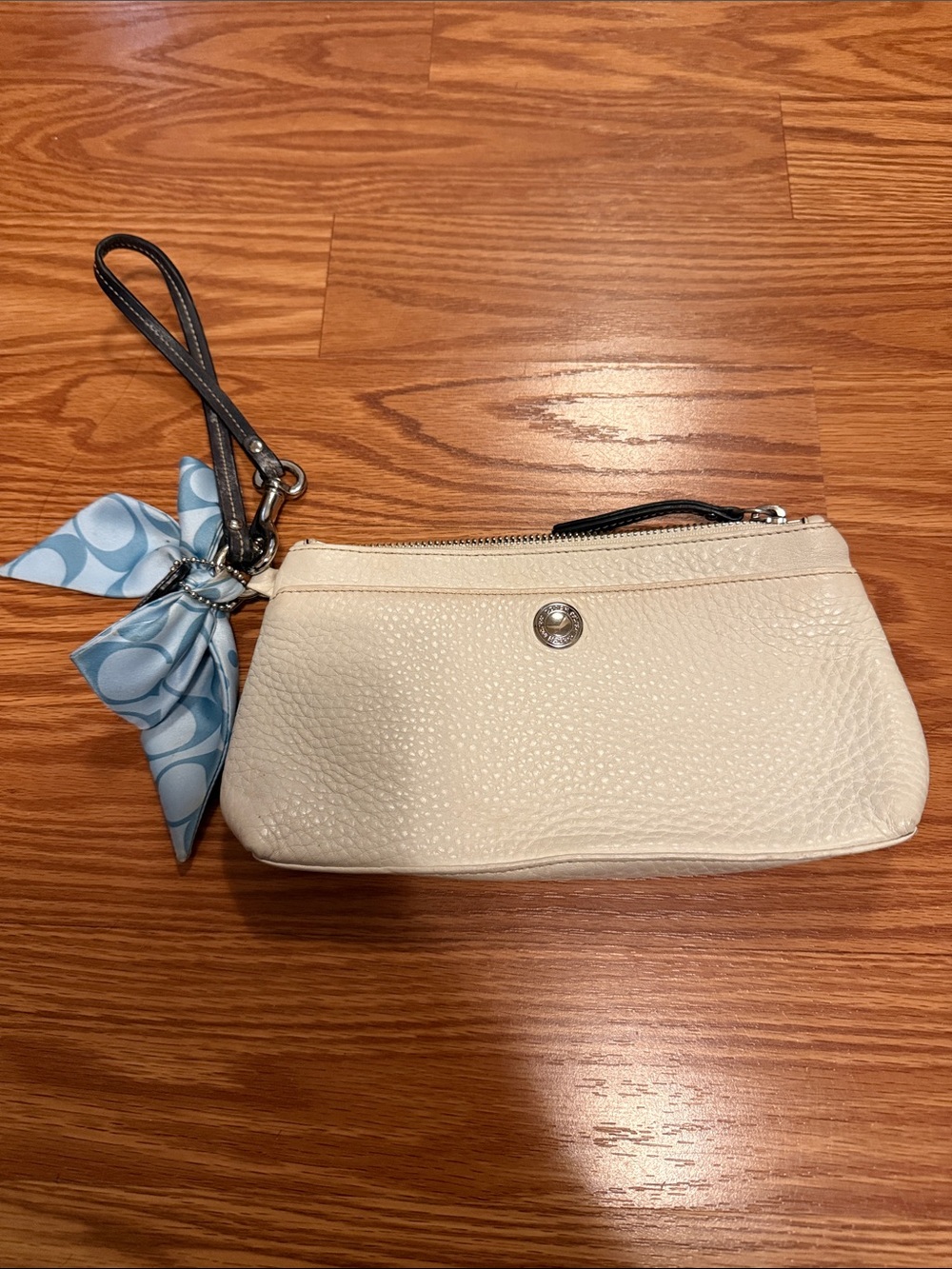 Coach Pebbled Leather Wristlet Clutch with Blue Bow Accent